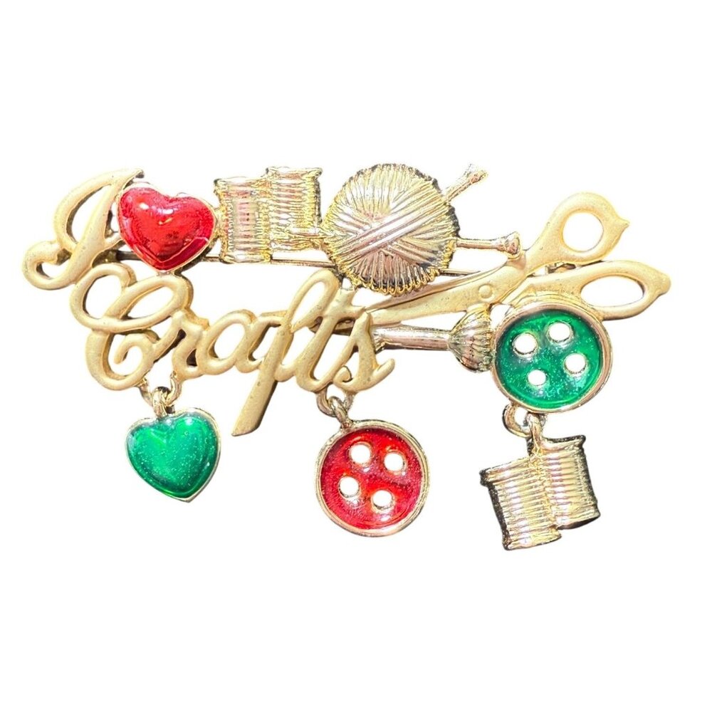 I Love Crafts Goldtone Brooch With Sewing & Knitting Charms